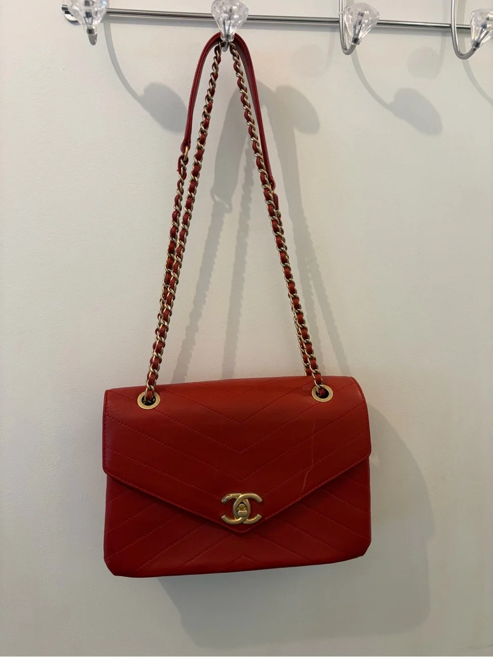 CHANEL Red Chevron Envelope Crossbody Bag with Gold Hardware